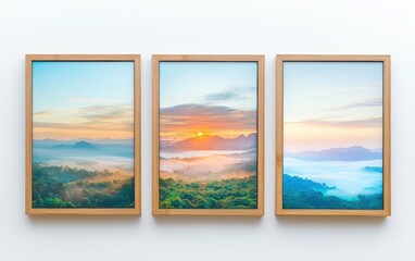 Three wooden frames hang on a white wall, each positioned at varying heights and distances. Inside each frame is a hyper-realistic landscape photograph