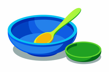 Melamine blue bowl and green dish and yellow spoon on a white background