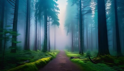 Misty forest path surrounded by tall trees.