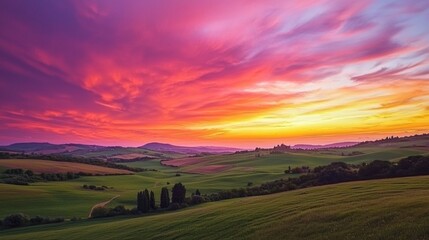Obraz premium A colorful sunset over rolling hills and fields, providing a warm and vibrant nature background