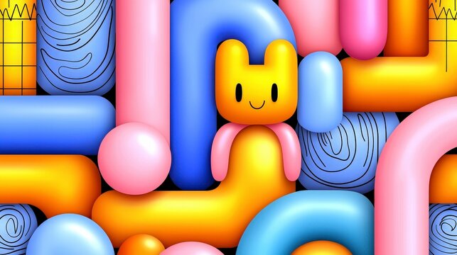 Colorful Abstract Seamless Pattern  Happy Character  3D Shapes   Bold Lines  Swirls  Doodl