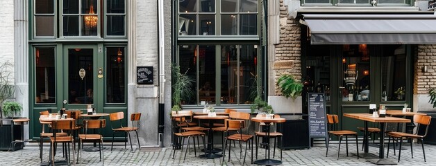Cozy Outdoor Cafe Terrace with Wooden Tables