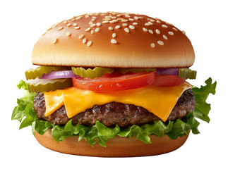 Juicy cheeseburger with fresh vegetables and sesame seed bun