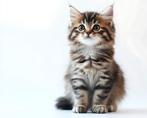 Fluffy kitten sitting on white background, full-body pose, detailed and high resolution.