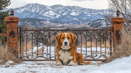 Dog Resting by Rustic Iron Gate in Snowy Mountain Landscape