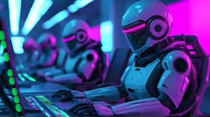 Futuristic robots seated at computers in a neon-lit environment, showcasing advanced technology and artificial intelligence.
