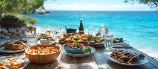 A rustic table with a variety of dishes and a bottle of wine is set up on a beach overlooking the turquoise ocean.