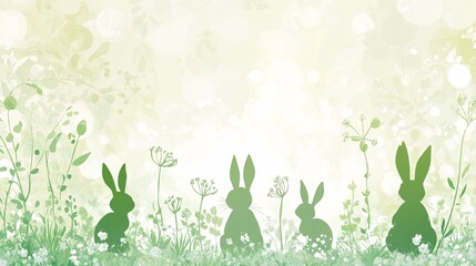 Charming Easter background with a fresh green and white design, featuring whimsical bunny silhouettes and soft blooming flowers for a serene feel