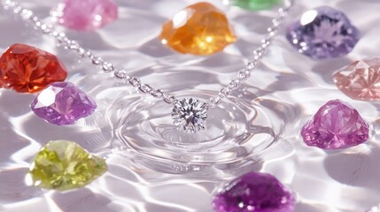 Exquisite Silver Necklace with Stunning Diamond Pendant Surrounded by Vibrant Gemstones on Rippling Water Surface in Soft Light