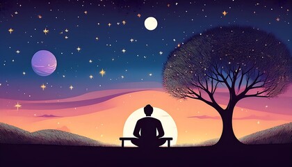 Serene meditation under a cosmic sky.