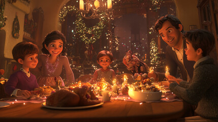 Multi-Generational Family Members Share Funny Stories and Joy During a Christmas Turkey Dinner. Happy Parents and Kids Singing Christmas Carols Together, Dancing Behind a Table and Lighting Sparkles