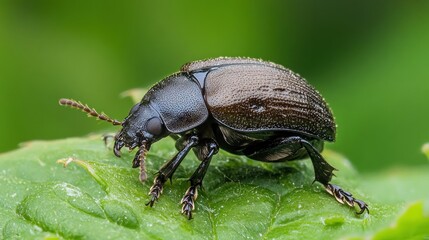 Black Beetle on Green Leaf