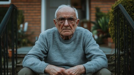 Thoughtful Elderly Man Sitting on Steps