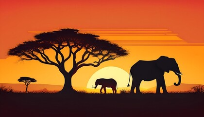 Fototapeta premium Elephants silhouetted against a sunset landscape.