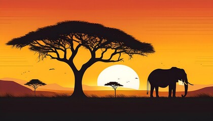 Obraz premium Silhouette of an elephant at sunset with trees.