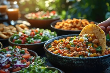 Happy woman holding taco enjoying lunch with friends in outdoor Mexican eatery