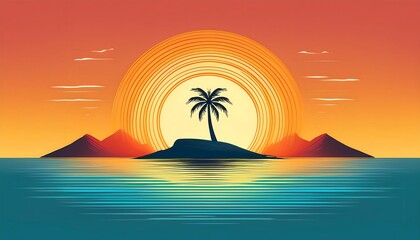 Tropical sunset with palm tree and mountains.