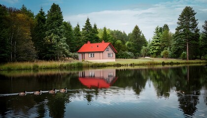 Obraz premium Serene lakeside house with ducks swimming nearby.