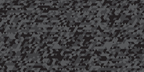 Abstract geometric black and gray background seamless mosaic and low polygon triangle texture wallpaper. Triangle shape retro wall grid pattern geometric ornament tile vector square element.