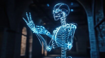 Futuristic Transparent Skeleton in a Dark Room with Blue Neon Light Displaying a Peace Sign Gesture
