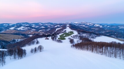 Stunning Aerial View of Snowy Valley  Winter Wonderland  Mountain Landscape  Golf Course