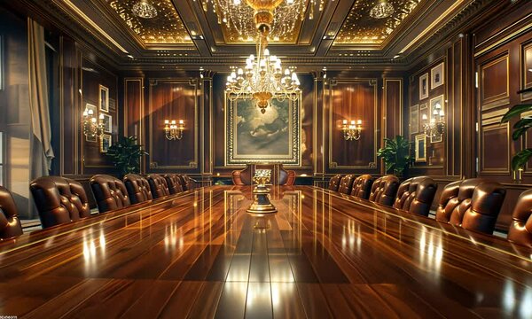 A luxurious conference room featuring an ornate table and chandeliers, designed for meetings.