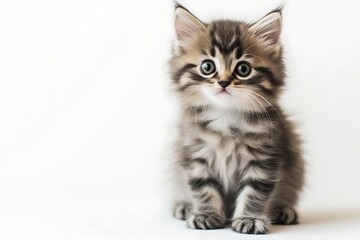 Obraz premium Fluffy kitten, small and cute, sitting on white background, full-body shot, high resolution.