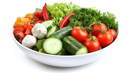 Vegetables salad of bowl explosion with chili, tomatoes, garlic, cucumber splashing elements isolated on white background. Vector realistic in 3D illustration.