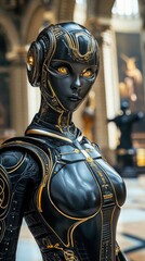 Futuristic Robotic Woman in Ornate Armor Standing in a Grand Hall with Intricate Architectural Details