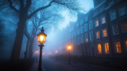 Foggy street scene at night with gas lamps and old buildings. © AFFANYUDA