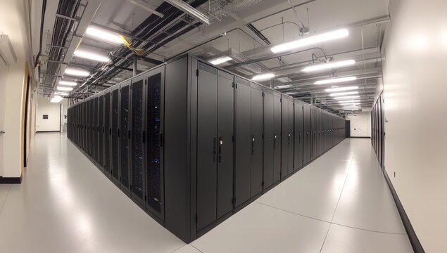 Modern data center server room with rows of black servers and raised floor.