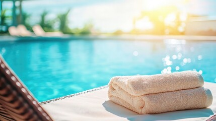 Obraz premium Soft and Cozy Towels Stacked Near a Refreshing Swimming Pool, Surrounded by Tranquil Scenery and Warm Sunlight on a Relaxing Day
