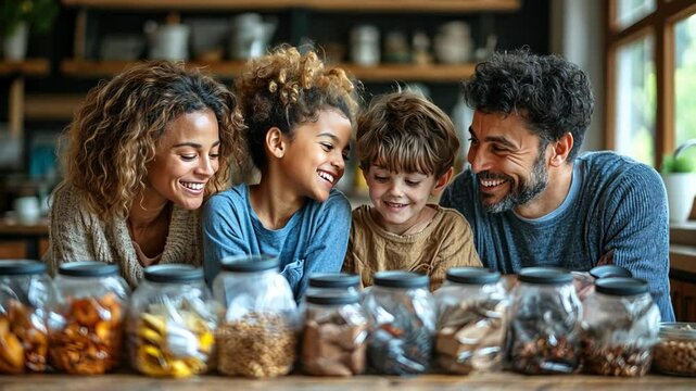 Family Kitchen Snack Time: A heartwarming scene of a diverse family, including two young children, gathered around a kitchen counter filled with jars of delicious snacks.