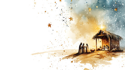 Christmas banner with a watercolor Nativity scene on one side and ample copy space on the other 