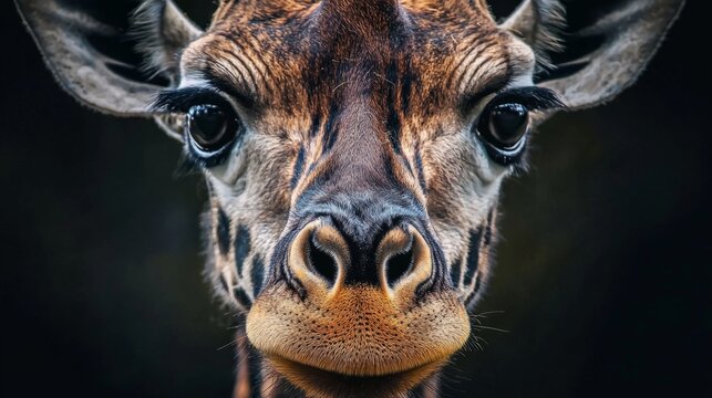 Close-up view of a giraffe staring directly at the camera in a natural habitat during daylight - Powered by Adobe