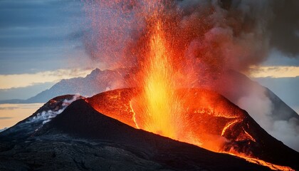 Fiery volcano eruption with molten lava flowing down rugged sides, emitting smoke and ash, showcasing the untamed power of nature
