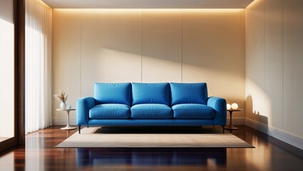 Interior of living room with blue sofa 3d rendering