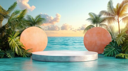 Obraz premium A serene tropical stage setting by the ocean at sunset.
