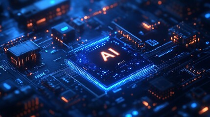 Obraz premium AI processor glowing on circuit board.