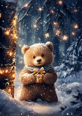A Christmas bear in the snowy woods