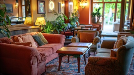 Obraz premium A cozy hotel lounge area with comfortable seating and a warm ambiance, perfect for relaxation.