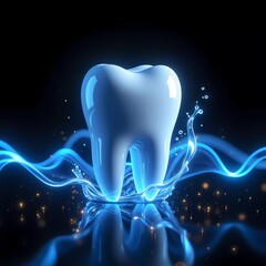 Glowing Tooth Surrounded by Water Splash Under Dramatic Lighting