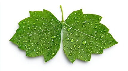 Fresh Green Leaf with Water Droplets Isolated on White Background Highlighting Nature's Beauty and Purity