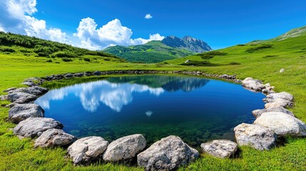 Serene Mountain Landscape with Reflective Pond and Lush Greenery Under a Clear Blue Sky