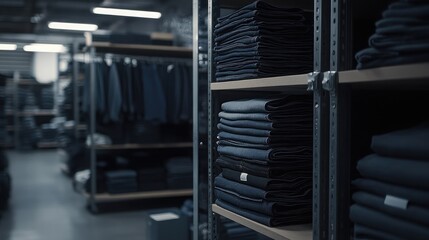 Neatly Stacked Denim Fabrics in a Warehouse Setting, Showcasing a Variety of Textures and Shades for Textile Industry or Fashion Retail Purposes