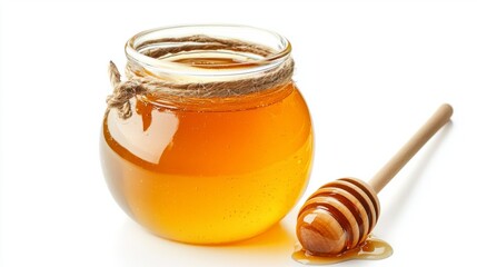 Honey jar with wooden dipper placed on a white background showcasing sweet golden texture