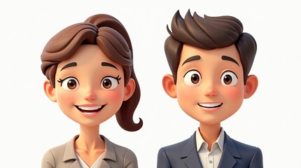 Smiling Cartoon Businessman and Businesswoman Closeup Portrait Illustration
