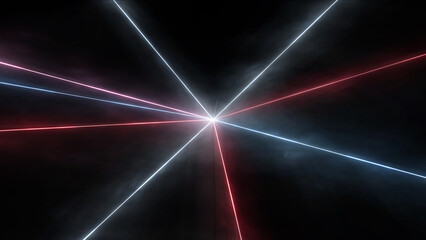 Abstract laser beams red and blue light glowing neon lines style VJ dance party show on black background.