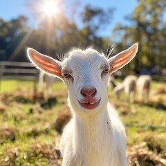 Obraz premium Adorable white goat kid in sunny pasture.