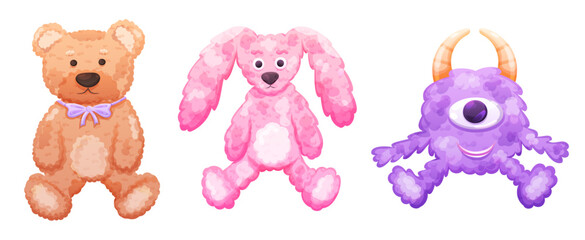 Set of cute plush toys for kids on transparent background